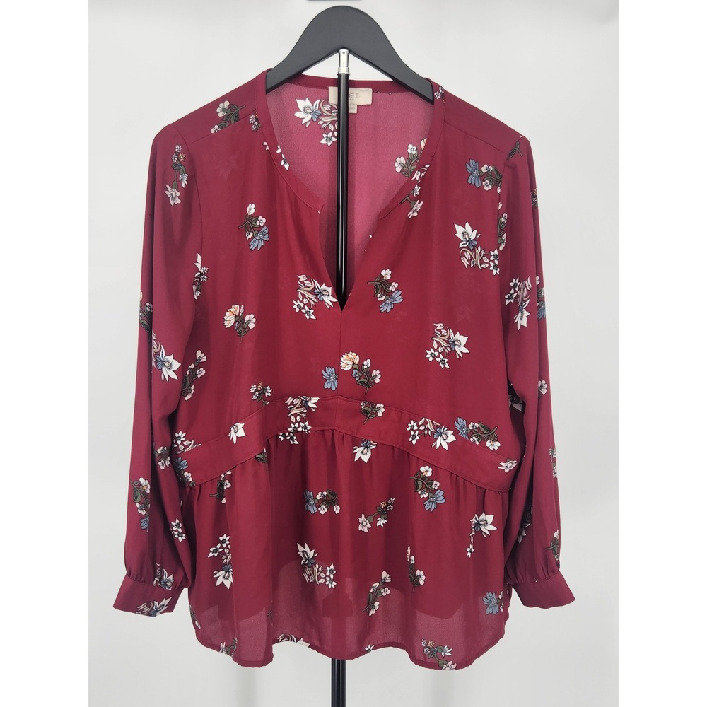 Loft Outlet Womens Large Burgundy Floral V-Neck Peplum Long Sleeve Blouse Red L
